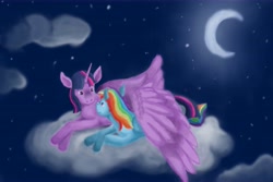 Size: 10033x6688 | Tagged: safe, artist:garden-guardian, imported from derpibooru, rainbow dash, twilight sparkle, alicorn, pegasus, pony, cloud, cute, dashabetes, duo, duo female, female, lesbian, looking at each other, looking at someone, moon, night, shipping, stars, twiabetes, twidash, twilight sparkle (alicorn)