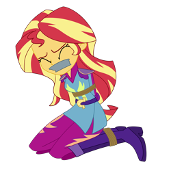 Size: 2500x2500 | Tagged: safe, artist:nie-martw-sie-o-mnie, imported from derpibooru, sunset shimmer, human, equestria girls, bondage, boots, bound and gagged, clothes, eyes closed, female, femsub, gag, high heel boots, kneeling, motocross outfit, my little pony equestria girls: friendship games, rope, rope bondage, shoes, simple background, solo, submissive, subset, tape, tape gag, transparent background