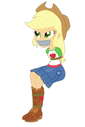 Size: 2000x2981 | Tagged: safe, artist:nie-martw-sie-o-mnie, imported from derpibooru, applejack, human, equestria girls, applesub, bondage, boots, bound and gagged, clothes, cowboy boots, cowboy hat, female, femsub, freckles, gag, hat, my little pony equestria girls: better together, queen of clubs, rope, rope bondage, shoes, simple background, sitting, skirt, solo, submissive, tape, tape gag, transparent background