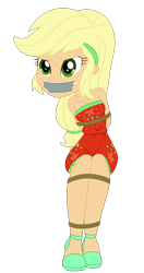 Size: 2000x3794 | Tagged: safe, artist:nie-martw-sie-o-mnie, imported from derpibooru, applejack, equestria girls, applesub, bondage, bound and gagged, clothes, cruise outfit, equestria girls specials, female, femsub, freckles, gag, high heels, my little pony equestria girls: spring breakdown, rope, rope bondage, shoes, simple background, sitting, solo, submissive, tape, tape gag, transparent background