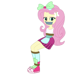 Size: 2000x2000 | Tagged: safe, artist:nie-martw-sie-o-mnie, imported from derpibooru, fluttershy, human, equestria girls, bondage, bound and gagged, butterfly hairpin, clothes, female, femsub, fluttersub, gag, rope, rope bondage, simple background, sitting, skirt, solo, submissive, tape, tape gag, transparent background