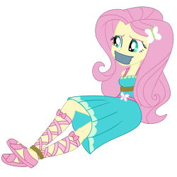 Size: 2000x2000 | Tagged: safe, artist:nie-martw-sie-o-mnie, imported from derpibooru, fluttershy, human, equestria girls, equestria girls series, text support, bondage, bound and gagged, butterfly hairpin, clothes, dress, female, femsub, fluttersub, gag, my little pony equestria girls: choose your own ending, rope, rope bondage, simple background, solo, submissive, tape, tape gag, text support: fluttershy, transparent background