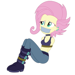 Size: 2000x2000 | Tagged: safe, artist:nie-martw-sie-o-mnie, imported from derpibooru, fluttershy, human, equestria girls, equestria girls series, the road less scheduled, the road less scheduled: fluttershy, spoiler:eqg series (season 2), bondage, boots, bound and gagged, choker, clothes, ear piercing, earring, female, femsub, flutterpunk, fluttersub, gag, jewelry, my little pony equestria girls: choose your own ending, piercing, punk, rope, rope bondage, shoes, simple background, sitting, solo, submissive, tape, tape gag, transparent background