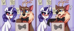 Size: 3000x1250 | Tagged: safe, artist:shadowreindeer, imported from derpibooru, rarity, oc, oc:kevin reindeer, deer, reindeer, unicorn, bowtie, box, horn, necktie