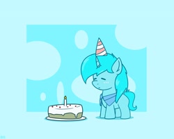 Size: 1200x960 | Tagged: safe, artist:dysmal, imported from derpibooru, oc, oc only, oc:crumane, unicorn, abstract background, birthday, cake, candle, clothes, food, hat, horn, party hat, solo