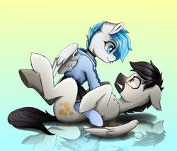 Size: 2000x1700 | Tagged: safe, artist:rainbowfire, imported from derpibooru, oc, oc only, pegasus, pony, clothes, confused, cute, duo, female, gradient background, hug, hugs needed, jewelry, light skin, looking at each other, looking at someone, love, male, mare, reflection, sitting on, sitting on person, sitting on pony, smiling, stallion, tongue out, wings