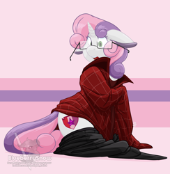 Size: 1500x1540 | Tagged: source needed, safe, artist:blueberrysnow, imported from twibooru, sweetie belle, pony, unicorn, abstract background, clothes, female, floppy ears, glasses, image, obtrusive watermark, older, oversized clothes, png, post tf, post transformation, post-tf, post-transformation, solo, watermark