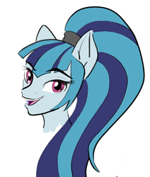 Size: 1104x1303 | Tagged: safe, artist:ciaran, derpibooru exclusive, imported from derpibooru, sonata dusk, pony, bust, digital art, disguise, disguised siren, hairband, inktober, inktober 2024, looking at you, open mouth, pony ears, simple background, smiling, smiling at you, white background