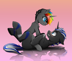 Size: 2000x1700 | Tagged: safe, artist:rainbowfire, imported from derpibooru, oc, oc only, oc:ice singer, oc:rainbow fire, pony, unicorn, blushing, confused, cute, duo, female, horn, hug, hugs needed, jewelry, looking at you, love, male, mare, open mouth, simple background, sitting on, sitting on person, sitting on pony, smiling, solo, stallion, tongue out