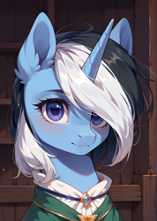 Size: 1776x2496 | Tagged: safe, imported from derpibooru, oc, oc only, oc:river swirl, pony, unicorn, equestria at war mod, ai content, ai generated, bust, clothes, female, horn, looking at you, mare, portrait, prompter:bluetoothworld, solo, solo female