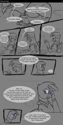 Size: 2200x4377 | Tagged: safe, artist:somber, imported from derpibooru, oc, oc only, oc:gaela, oc:sapphire horizons, griffon, comic:birds and caps, fallout equestria, comic, female, monochrome