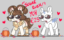 Size: 4000x2500 | Tagged: safe, artist:bananasplitedy, imported from derpibooru, oc, oc:bananasplit, unicorn, advertisement, bucktooth, candy, clothes, commission, drool, food, freckles, horn, pumpkin bucket, scarf, socks, striped socks, unicorn oc, your character here