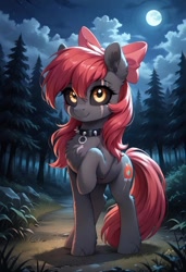 Size: 800x1169 | Tagged: safe, imported from derpibooru, apple bloom, earth pony, pony, undead, zombie, zombie pony, story of the blanks, ai content, ai generated, apple bloom's bow, black sclera, blanked apple bloom, bow, chest fluff, collar, eye scar, facial scar, female, forest, full moon, generator:pony diffusion v6 xl, generator:stable diffusion, hair bow, mare, moon, nature, night, outdoors, prompter:gregorymars, scar, solo, spiked collar, tree