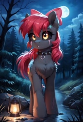 Size: 800x1169 | Tagged: safe, imported from derpibooru, apple bloom, earth pony, pony, undead, zombie, zombie pony, story of the blanks, ai content, ai generated, apple bloom's bow, black sclera, blanked apple bloom, bow, chest fluff, collar, eye scar, facial scar, female, forest, full moon, generator:pony diffusion v6 xl, generator:stable diffusion, hair bow, lantern, mare, moon, nature, night, outdoors, prompter:gregorymars, scar, solo, spiked collar, tree