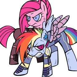 Size: 4252x4252 | Tagged: safe, artist:qianhe498, artist:qianjibahe, imported from derpibooru, pinkie pie, rainbow dash, earth pony, pegasus, pony, alternate hairstyle, alternate timeline, amputee, apinkalypse pie, apocalypse dash, artificial wings, augmented, crystal war timeline, female, gritted teeth, mare, pinkamena diane pie, prosthetic limb, prosthetic wing, prosthetics, simple background, spread wings, teeth, torn ear, wings