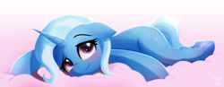 Size: 2700x1047 | Tagged: safe, artist:darksly, imported from derpibooru, trixie, pony, unicorn, blushing, cute, diatrixes, female, frog (hoof), horn, lying down, mare, prone, resting, solo, underhoof