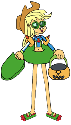 Size: 1941x3405 | Tagged: safe, artist:christian soto, imported from derpibooru, applejack, equestria girls, applejack's beach shorts swimsuit, clothes, equestria girls specials, flippers, goggles, halloween, hat, holiday, inner tube, kickboard, my little pony equestria girls: better together, my little pony equestria girls: forgotten friendship, noseclip, pool toy, pumpkin bucket, simple background, sunscreen, swimsuit, towel, transparent background, trick or treat, water wings