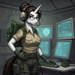 Size: 1024x1024 | Tagged: safe, imported from derpibooru, raven, anthro, unicorn, series:g.i. pony: a real equestrian hero, ai content, ai generated, backpack, breasts, clothes, computer, cosplay, costume, female, g.i. joe, generator:google imagen 3.0, glasses, gloves, hand on hip, headset, horn, indoors, military uniform, prompter:zerowinger, smiling, solo, sparks (gi joe), uniform