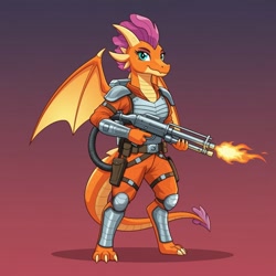 Size: 1024x1024 | Tagged: safe, imported from derpibooru, smolder, anthro, dragon, series:g.i. pony: a real equestrian hero, ai content, ai generated, body armor, charbroil, clothes, cosplay, costume, dragoness, female, flamethrower, g.i. joe, generator:google imagen 3.0, gradient background, prompter:zerowinger, solo, spread wings, weapon, wings