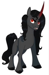 Size: 837x1280 | Tagged: safe, artist:kokorokinda, imported from derpibooru, oc, oc:shade starlight, pony, unicorn, curved horn, fangs, horn, male, red eyes, red horn, simple background, stallion, stallion oc, unicorn oc, unshorn fetlocks, white background