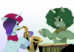 Size: 2133x1503 | Tagged: safe, artist:aztrial, imported from derpibooru, pony, unicorn, beret, bongos, clothes, dapple, duo, duo male and female, female, g5, grin, hat, horn, male, mare, musical instrument, onyx, saxophone, scarf, smiling, stallion, unitober 2024, unshorn fetlocks