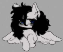 Size: 832x696 | Tagged: safe, artist:cutiesparke, imported from derpibooru, oc, oc:ocean eyes, pegasus, pony, bags under eyes, black mane, blue eyes, choker, ear piercing, earring, female, gray background, hoof heart, jewelry, lidded eyes, piercing, raised hoof, simple background, solo, spread wings, underhoof, white fur, wings