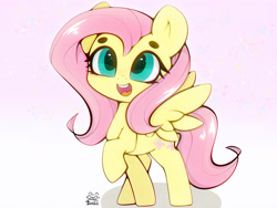 Size: 4000x3000 | Tagged: safe, artist:zokkili, imported from derpibooru, fluttershy, pegasus, pony, beanbrows, eyebrows, female, high res, mare, open mouth, open smile, raised hoof, signature, smiling, solo, spread wings, wings