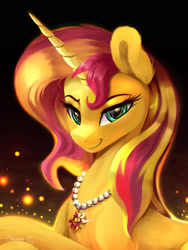 Size: 1800x2400 | Tagged: safe, alternate version, artist:darksly, imported from derpibooru, sunset shimmer, pony, unicorn, cutie mark accessory, cutie mark necklace, female, horn, jewelry, mare, necklace, signature, smiling, solo