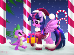 Size: 2400x1800 | Tagged: safe, alternate version, artist:darksly, imported from derpibooru, spike, twilight sparkle, alicorn, dragon, pony, blushing, boots, brotherly love, candy, candy cane, christmas, christmas sweater, clothes, cute, duo, duo male and female, female, food, gloves, hat, high res, holiday, horn, male, mare, night, open mouth, outdoors, santa hat, shoes, sibling love, signature, snow, spikabetes, spikelove, spread wings, stars, sweater, twiabetes, twilight sparkle (alicorn), wings