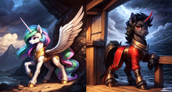 Size: 1788x958 | Tagged: safe, imported from derpibooru, king sombra, princess celestia, alicorn, unicorn, ai content, ai generated, anonymous prompter, armor, celestibra, clothes, colored horn, curved horn, female, gold, horn, male, mountain, nature, ocean, scar, shipping, sombra horn, straight, water