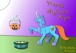 Size: 5000x3500 | Tagged: safe, artist:atrianas, imported from derpibooru, oc, oc:candle light, unicorn, candy, cutie mark, food, gradient background, halloween, holiday, horn, jack-o-lantern, magic, mlp fim's fourteenth anniversary, night, nightmare moon armor, nightmare night, pumpkin, simple background, telekinesis