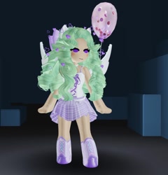 Size: 640x666 | Tagged: safe, artist:apprehensiveplace186, imported from derpibooru, surprise, human, 3d, balloon, blushing, clothes, dress, female, floating heart, g1, game screencap, heart, humanized, roblox, sleeveless, solo, spread wings, wings