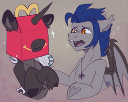 Size: 2500x2000 | Tagged: safe, artist:lionbun, imported from derpibooru, bat pony, unicorn, bag on head, commission, confused, female, happy meal, horn, male, mare, mcdonald's, smug, stallion