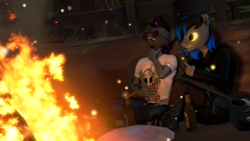 Size: 2560x1440 | Tagged: safe, artist:danny wildwolf, anthro, art pack:summer booty 2022, 3d, campfire, duo, duo male, laughing, male, open mouth