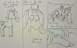 Size: 2566x1590 | Tagged: safe, artist:otl crafts, imported from derpibooru, princess luna, trixie, oc, oc:gracie, alicorn, bird, pony, swan, unicorn, series:desolate kingdom, comic, crooked horn, crying, dialogue, dream, gaunt, horn, messy mane, slender, stylized text, thin, traditional art