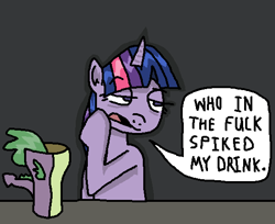 Size: 545x445 | Tagged: safe, artist:!!mvxre5ajjyp, artist:anonymous, imported from derpibooru, spike, twilight sparkle, pony, unicorn, annoyed, drawthread, drink, duo, duo male and female, eyebrows, eyebrows visible through hair, female, fuck, lidded eyes, male, mare, objectification, pun, requested art, spiked drink, unicorn twilight, vulgar