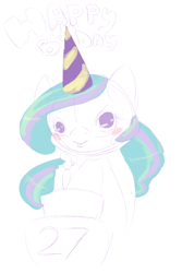 Size: 2000x3000 | Tagged: safe, artist:slime princess, imported from derpibooru, princess celestia, alicorn, 27, cake, cakelestia, drawthread, female, food, happy birthday, hat, looking at you, mare, party hat, requested art, simple background, sketch, solo, white background