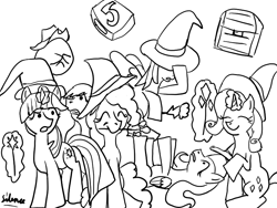 Size: 800x600 | Tagged: safe, artist:silence, imported from derpibooru, applejack, fluttershy, pinkie pie, rarity, twilight sparkle, earth pony, pegasus, unicorn, black and white, chest, drawthread, grayscale, horn, lineart, lying down, mario party, monochrome, on back, simple background, standing, unicorn twilight, white background