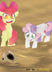 Size: 682x930 | Tagged: safe, artist:wh189, imported from derpibooru, apple bloom, scootaloo, sweetie belle, apple family member, confused, cutie mark crusaders, dirty, scared, skull, story art