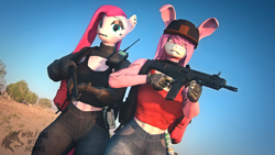 Size: 3840x2160 | Tagged: safe, artist:ludexus, pinkie pie, anthro, original species, art pack:pin-up paradise 2022, 3d, breasts, clothes, duo, duo female, female, gloves, gun, pinkamena diane pie, walkie talkie, weapon