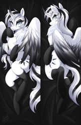 Size: 937x1438 | Tagged: safe, artist:scarlet-spectrum, imported from derpibooru, oc, oc only, oc:queen nevermore, alicorn, pony, antagonist, beautiful, body pillow, body pillow design, colored wings, commission, curved horn, cute, dakimakura cover, dark background, detailed, detailed hair, evil, evil grin, eyeshadow, facing away, female, folded wings, full body, goth, gothic, grin, helmet, horn, jewelry, looking at you, lying down, makeup, mare, mare oc, necklace, oc villain, queen, raised hoof, regalia, seductive look, shading, signature, smiling, solo, tall, two toned mane, two toned wings, villainous, wings