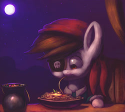 Size: 2581x2323 | Tagged: safe, artist:grissaecrim, imported from derpibooru, pipsqueak, earth pony, pony, colt, commission, cute, detailed, eating, foal, food, male, moon, night, pasta, pipsqueak eating spaghetti, sky, solo, spaghetti, squeakabetes, stars