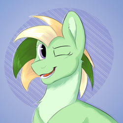 Size: 2048x2048 | Tagged: safe, artist:vendette, imported from derpibooru, oc, oc only, oc:jitterbug, earth pony, pony, blonde, blonde hair, blonde mane, blue background, bust, green, green fur, icon, looking at you, one eye closed, purple eyes, simple background, smiling, smiling at you, solo, wink, winking at you