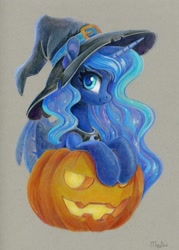 Size: 1005x1400 | Tagged: safe, artist:maytee, imported from derpibooru, princess luna, alicorn, pony, bust, halloween, hat, holiday, jack-o-lantern, nightmare night, portrait, pumpkin, solo, traditional art, witch hat