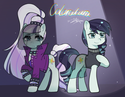 Size: 2900x2261 | Tagged: safe, artist:goldenage2049, imported from derpibooru, coloratura, earth pony, pony, choker, clothes, countess coloratura, dress, duality, duo, duo female, female, jacket, leather, leather jacket, mare, raised hoof, rara, skirt, spiked choker, spiked wristband, spotlight, wristband