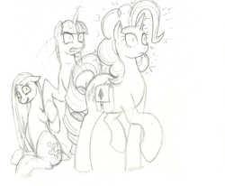 Size: 2190x1806 | Tagged: safe, artist:prismspark, imported from derpibooru, pinkie pie, rarity, twilight sparkle, earth pony, pony, unicorn, alternate hairstyle, bag, emanata, floppy ears, holding hooves, horn, looking at someone, magic, newbie artist training grounds, pencil drawing, pinkamena diane pie, saddle bag, simple background, sitting, smiling, surprised, traditional art, walking, white background