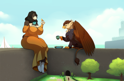 Size: 1280x844 | Tagged: safe, artist:muramuri, imported from derpibooru, oc, oc only, oc:callista, oc:darien platecrête, anthro, digitigrade anthro, dog, griffon, castle, clothes, cup, dress, griffon oc, macro, sky, teacup, uniform