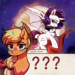 Size: 2048x2048 | Tagged: safe, artist:tkotu434, imported from derpibooru, applejack, rarity, alicorn, bat pony, bat pony alicorn, earth pony, pony, apple, basket, bat ponified, bat wings, bust, cape, clothes, fangs, female, food, freckles, grimace, halloween, hat, holiday, horn, mare, moon, night, question mark, race swap, raribat, red eyes, spread wings, sweat, sweatdrop, text, wings