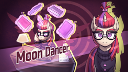 Size: 1920x1080 | Tagged: safe, artist:bkiltersot, imported from derpibooru, moondancer, pony, unicorn, book, danganronpa, desk lamp, female, glasses, horn, lamp, magic, mare, quill, reading, solo, text