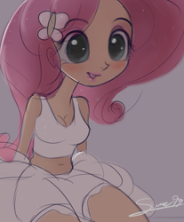 Size: 1353x1637 | Tagged: safe, artist:sverre93, imported from derpibooru, fluttershy, human, breasts, cleavage, clothes, dress, female, humanized, midriff, sketch, solo